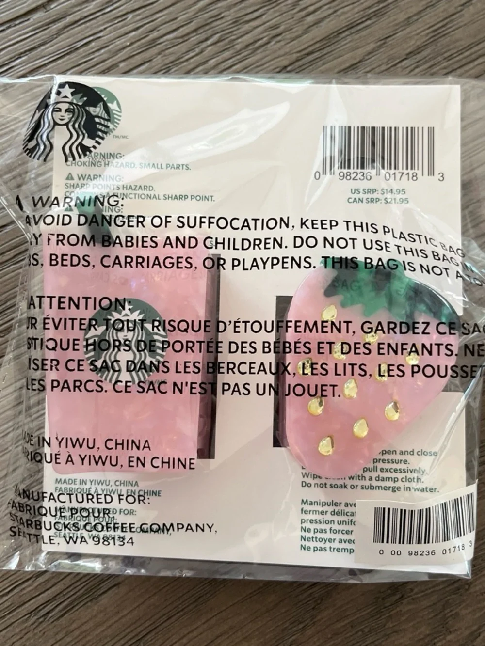 Starbucks Kids Pink Strawberry & Drink Acetate Claw Clips (Set of 2)